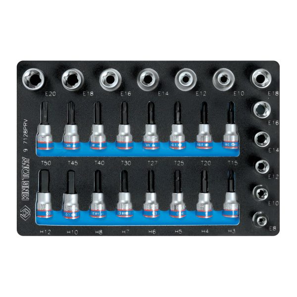 Набор торцевых насадок и головок 1/2""&3/8"", TORX, HEX, Е6-Е20, ложемент, 28 предметов KING TONY 9-7128PRV