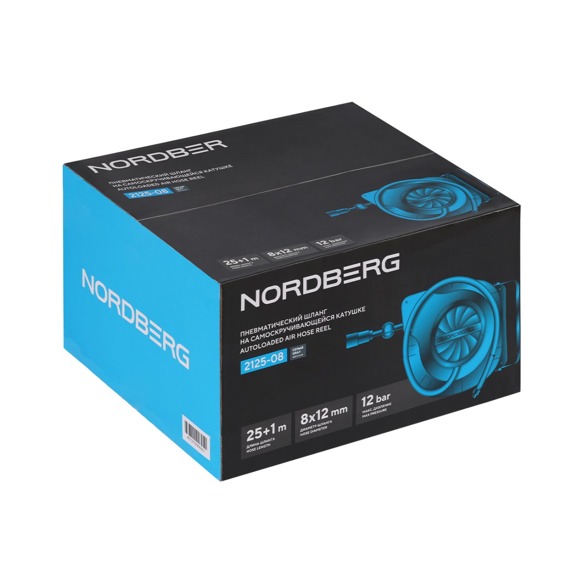 Шланг воздушный на катушке, ПУ, Ø 8x12 мм 25+1 м, серый корпус NORDBERG 2125-08G