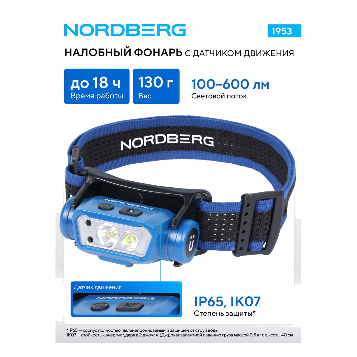 Фонарь светодиодный налобный, аккумуляторный, 3,7 В c датчиком движения NORDBERG 1953