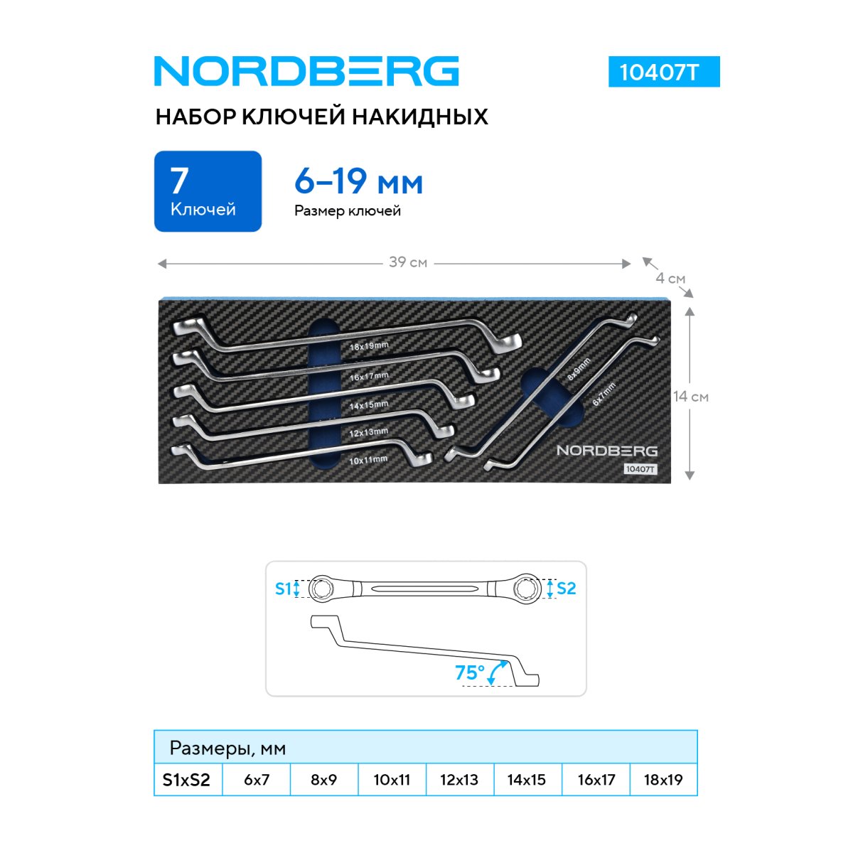 Набор ключей накидных в ложементе, 7 предметов, 6-19 мм NORDBERG 10407T